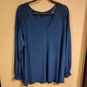 torrid Blue V-Neck Long Sleeve Top with Lace Shoulders